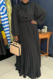Black O Neck Long Sleeve Strap Design Casual Formal Evening Party Prom Pleated Maxi Dresses
