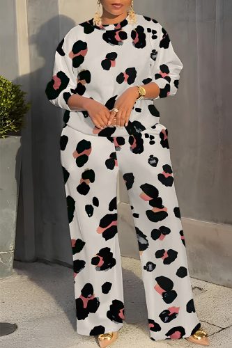 Pink Leopard Print O Neck Long Sleeve Sweatshirt And Wide Leg Pants Casual Sportwear Two Pieces Jogger Sets