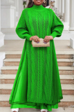 Red Cable Knit Turtleneck Balloon Sleeves Winter Long Sweater with Tulle Layered Hem Maxi Skirt Two Piece Dress Set