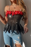 Black Flowers Decor Sleeveless Backless Spaghetti Strap Night Club Chains Cami Tops
