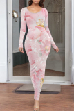 Dark Brown Floral Print O Neck Long Sleeve Casual Outing Vacation Bodycon Maxi Dresses