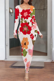Blue Floral Print O Neck Long Sleeve Casual Outing Vacation Bodycon Maxi Dresses
