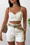 Blue Sleeveless Buttons Spaghetti Strap Cami Crop Tops And Shorts Two Pieces Shorts Sets