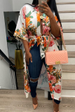White Floral Print Cardigan Collar Strap Design 3/4 Sleeve Casual Vacation Maxi Shirt Dresses