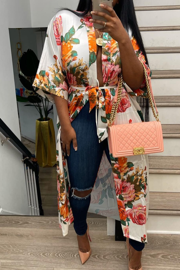 White Floral Print Cardigan Collar Strap Design 3/4 Sleeve Casual Vacation Maxi Shirt Dresses