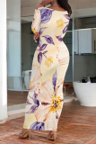 Blue Floral Print O Neck Long Sleeve Casual Outing Vacation Bodycon Maxi Dresses