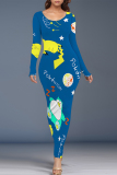 Light Blue Cartoon Print O Neck Long Sleeve Casual Outing Vacation Bodycon Maxi Dresses