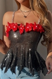 Black Flowers Decor Sleeveless Backless Spaghetti Strap Night Club Chains Cami Tops
