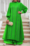 Red Cable Knit Turtleneck Balloon Sleeves Winter Long Sweater with Tulle Layered Hem Maxi Skirt Two Piece Dress Set