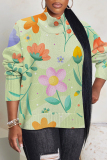 Light Green Floral Print Turtleneck Long Sleeve Casual Fall Winter Knitted Sweater Tops