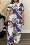 Light Green Floral Print Round Neck Short Sleeve T-shirt And Wide Leg Pants Two Pieces Trouser Sets