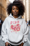 White Pink Letter Love Print Long Sleeve Draw String Pocket Casual Fall Winter Hooded Sweatshirt