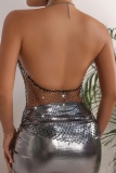 Black Rhinestone Backless Hollow Out Belted Nightclub Mesh Halter Tops