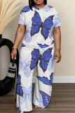 Light Green Floral Print Round Neck Short Sleeve T-shirt And Wide Leg Pants Two Pieces Trouser Sets