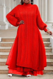 Red Cable Knit Turtleneck Balloon Sleeves Winter Long Sweater with Tulle Layered Hem Maxi Skirt Two Piece Dress Set