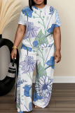 Light Green Floral Print Round Neck Short Sleeve T-shirt And Wide Leg Pants Two Pieces Trouser Sets