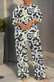 Pink Leopard Print O Neck Long Sleeve Sweatshirt And Wide Leg Pants Casual Sportwear Two Pieces Jogger Sets