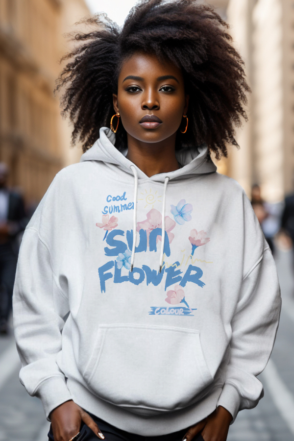 Light Blue Graphics Print Long Sleeve Draw String Pocket Casual Fall Winter Hooded Sweatshirt