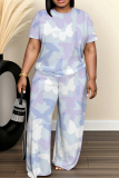 White Cyan Camouflage Print Round Neck Short Sleeve T-shirt And Wide Leg Pants Two Pieces Trouser Sets