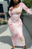 Dark Brown Floral Print O Neck Long Sleeve Casual Outing Vacation Bodycon Maxi Dresses