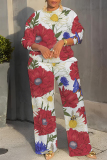 White Red Floral Print O Neck Long Sleeve Sweatshirt And Wide Leg Pants Casual Sportwear Two Pieces Jogger Sets