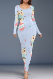 Light Blue Cartoon Print O Neck Long Sleeve Casual Outing Vacation Bodycon Maxi Dresses