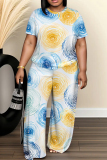 White Cyan Camouflage Print Round Neck Short Sleeve T-shirt And Wide Leg Pants Two Pieces Trouser Sets