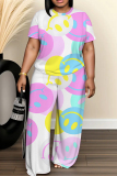 White Cyan Camouflage Print Round Neck Short Sleeve T-shirt And Wide Leg Pants Two Pieces Trouser Sets