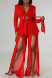 White V Neck Long Sleeve See-Through Belted Tops And Slit Mesh Pants Formal Evening Party Prom Two Pieces Trouser Sets