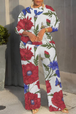 White Red Floral Print O Neck Long Sleeve Sweatshirt And Wide Leg Pants Casual Sportwear Two Pieces Jogger Sets