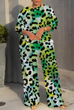 Pink Leopard Print O Neck Long Sleeve Sweatshirt And Wide Leg Pants Casual Sportwear Two Pieces Jogger Sets
