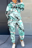 Light Pink Floral Print Long Sleeve Hooded Sweatshirts and Drawstring Pants Two Pieces Sportwear Casual Sweatsuits Sets