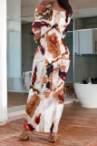 Dark Brown Floral Print O Neck Long Sleeve Casual Outing Vacation Bodycon Maxi Dresses