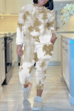 Earthy Yellow Ombre Print O Neck Long Sleeve Sweatshirt And Skinny Pants Casual Two Pieces Tracksuit Sweatpants Set
