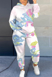 Light Pink Floral Print Long Sleeve Hooded Sweatshirts and Drawstring Pants Two Pieces Sportwear Casual Sweatsuits Sets