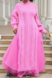 Red Cable Knit Turtleneck Balloon Sleeves Winter Long Sweater with Tulle Layered Hem Maxi Skirt Two Piece Dress Set