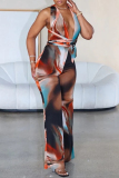Multicolor Ombre Print Sleeveless Backless Belted Spaghetti Strap Bodycon Halter Jumpsuits