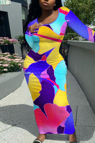 Blue Floral Print O Neck Long Sleeve Casual Outing Vacation Bodycon Maxi Dresses