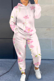 Light Yellow Floral Print Long Sleeve Hooded Sweatshirts and Drawstring Pants Two Pieces Sportwear Casual Sweatsuits Sets