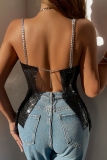 Black Flowers Decor Sleeveless Backless Spaghetti Strap Night Club Chains Cami Tops