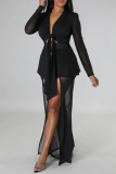 White V Neck Long Sleeve See-Through Belted Tops And Slit Mesh Pants Formal Evening Party Prom Two Pieces Trouser Sets
