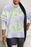 Light Green Floral Print Turtleneck Long Sleeve Casual Fall Winter Knitted Sweater Tops
