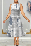 Gray Blue Floral Print Sleeveless O Neck Casual Vacation Pleated Midi Tank Dresses