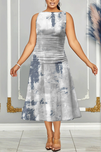 Gray Blue Floral Print Sleeveless O Neck Casual Vacation Pleated Midi Tank Dresses