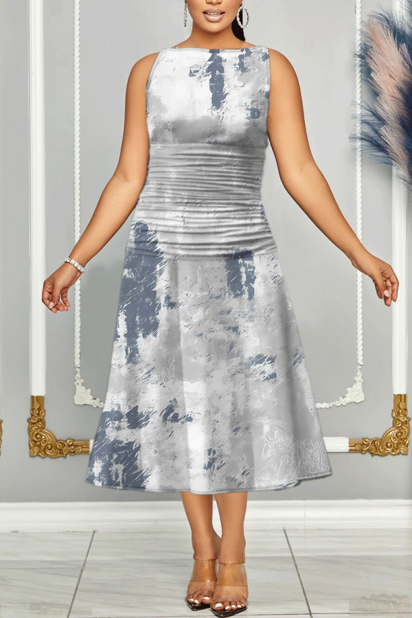 Gray Blue Floral Print Sleeveless O Neck Casual Vacation Pleated Midi Tank Dresses