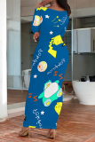 Light Blue Cartoon Print O Neck Long Sleeve Casual Outing Vacation Bodycon Maxi Dresses
