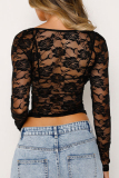 Black Long Sleeve U Neck See-Through Night Club Lace Crop Tops(Two-piece set)