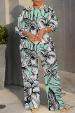 Pink Red Floral Print O Neck Long Sleeve Sweatshirt And Wide Leg Pants Casual Sportwear Two Pieces Jogger Sets