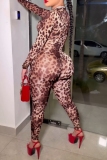 Leopard Print Half A Turtleneck Casual One Piece Bodysuit Skinny Jumpsuits
