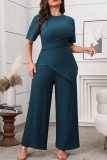 Malachite Green O Neck Short Sleeve Irregular Tops And Wide Leg Pants Casual Formal Office Lady Plus Size Two Pieces Trouser Sets